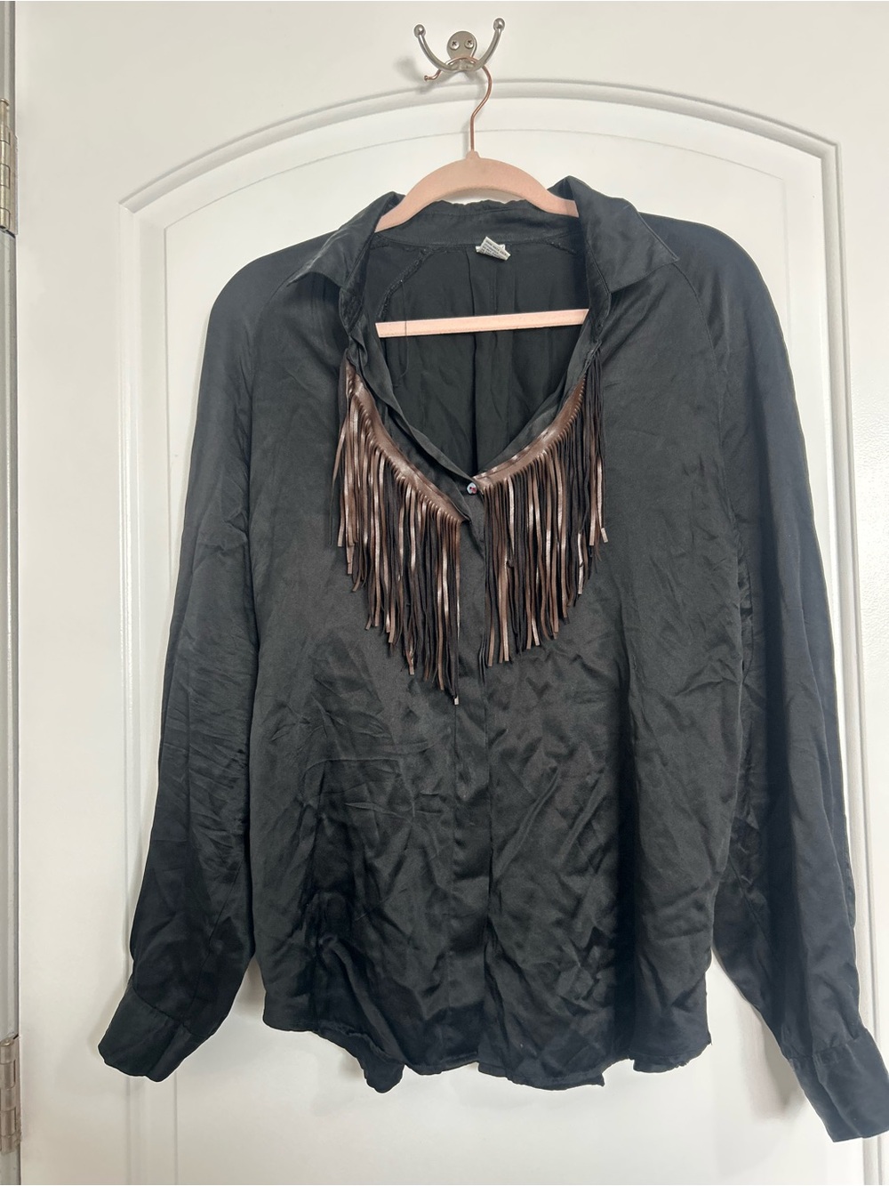 Vintage 100% Silk Black Fringe-Trim V-Neck Button Down Western Chic Cowboy Boho